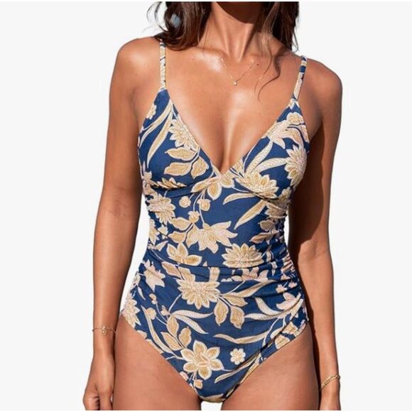 Cupshe Blue Beige Floral One Piece Swimsuit Size Small Adjustable Straps NWT - Picture 1 of 7